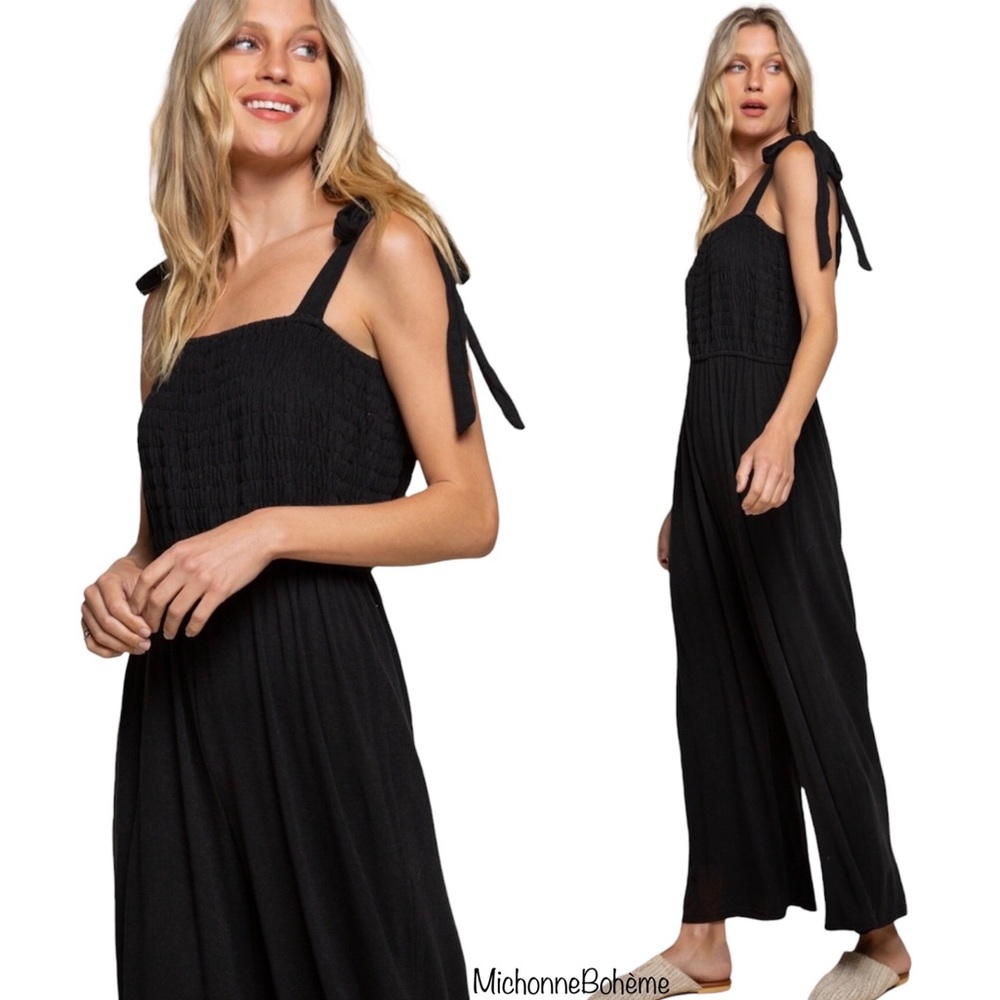 POL Black Relaxed Fit Smocked Jumpsuit Self Tie Shoulder Ribbons - Picture 7 of 16